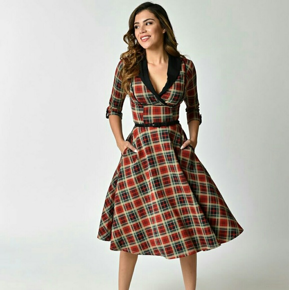 1950s Style Red Plaid Trudy Swing Dress NWT